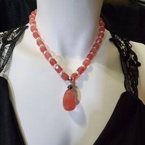 Vintage Handmade Strawberry Quartz Pendant Necklace With Pearl Accents